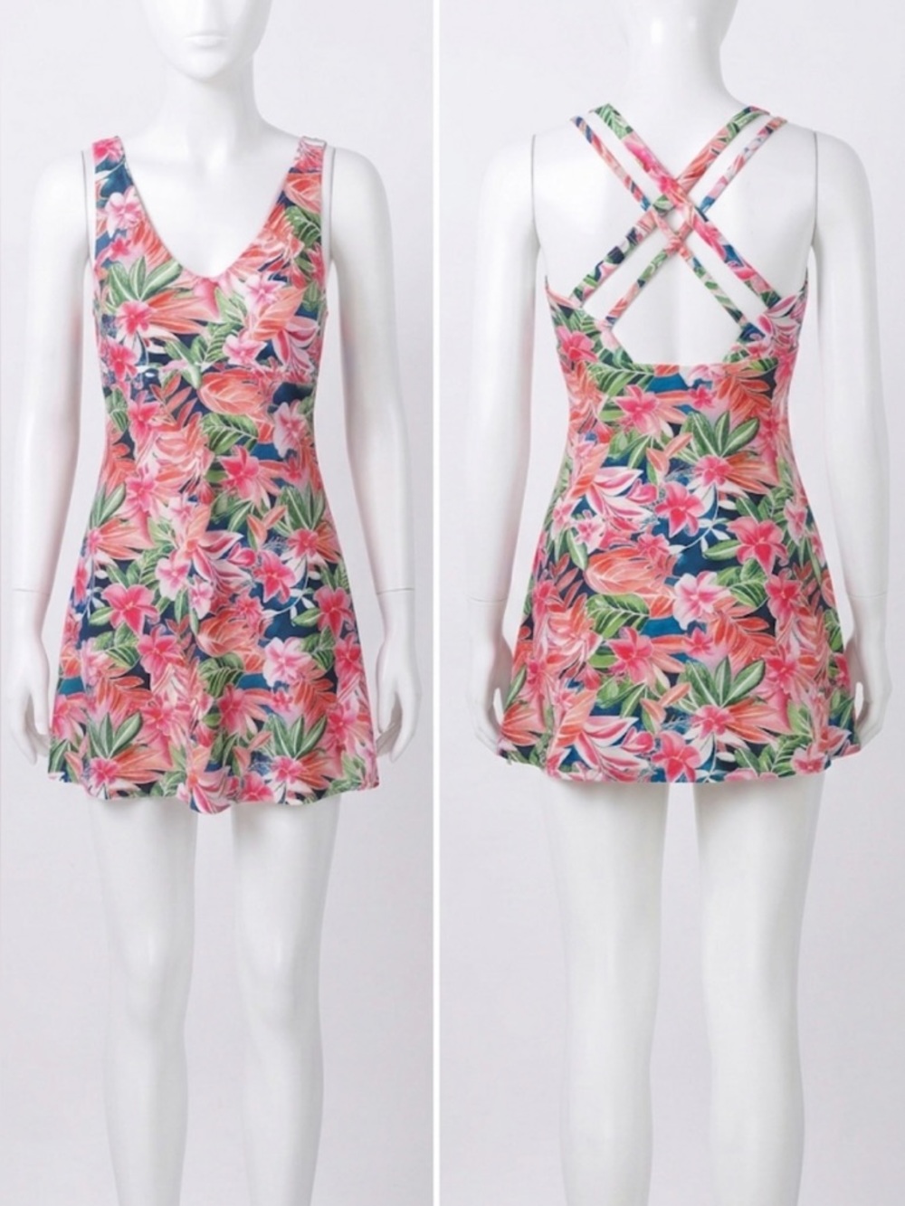 Tropical Floral V-Neck Swim Dress - Pink & Green